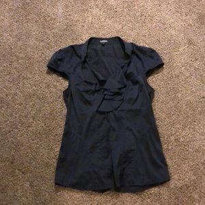 Navy ruffled short sleeve blouse